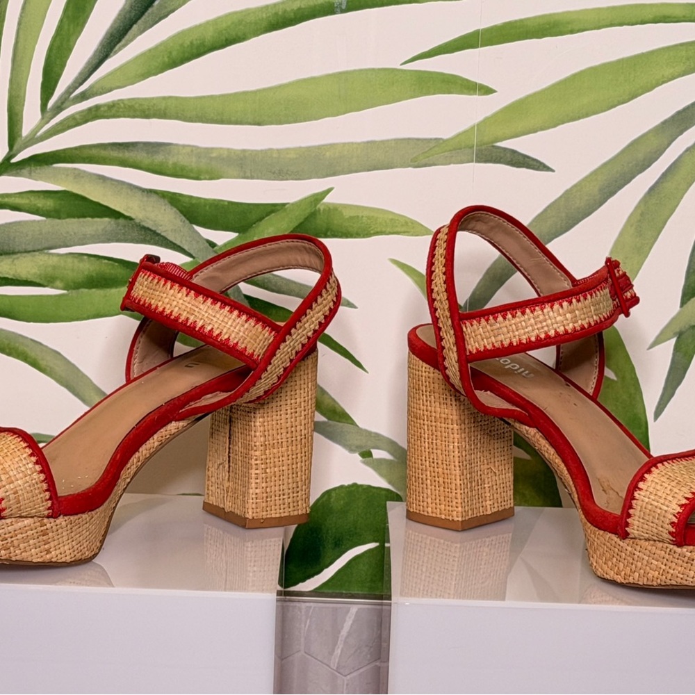 Farylrobin Raffia Platform Heels Red Suede Trim Ankle Strap Size 10